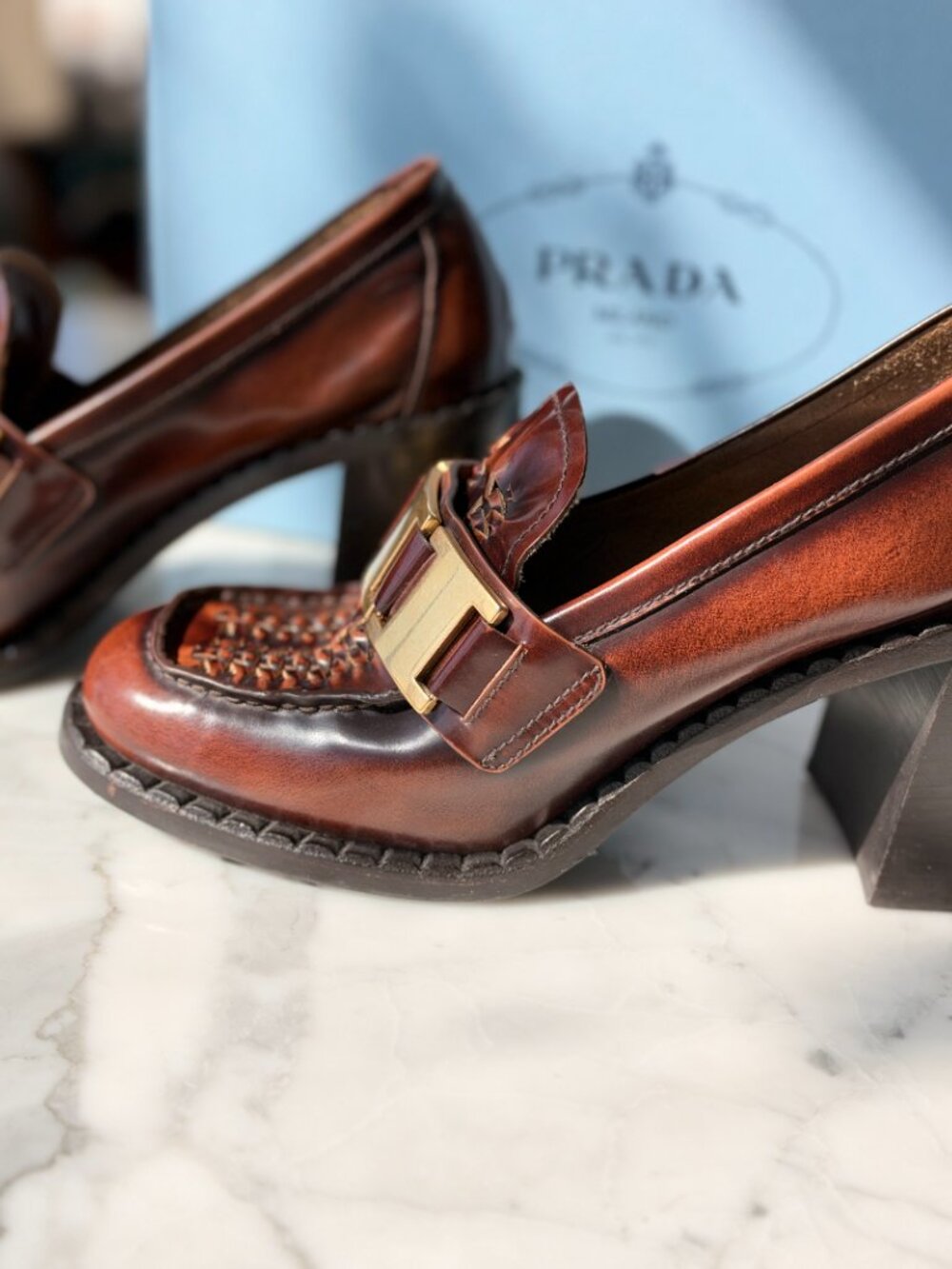 PRADA Leather Woven Heeled Loafers Gold Buckle w/ Box - Picture 2 of 8